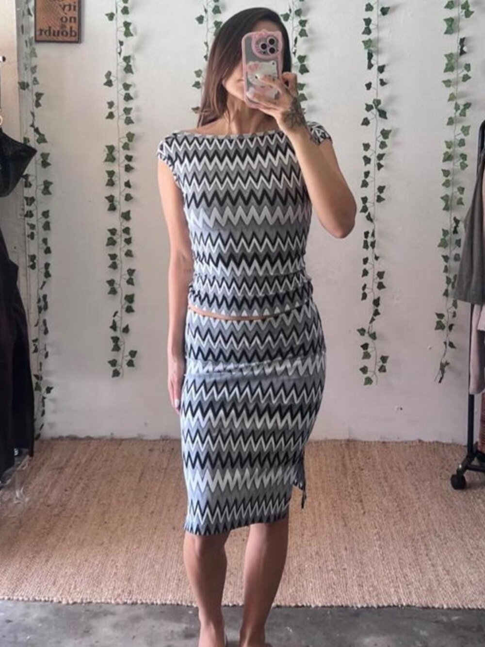 Vintage Y2K Eye Candy black & white zigzag patterned set in size S